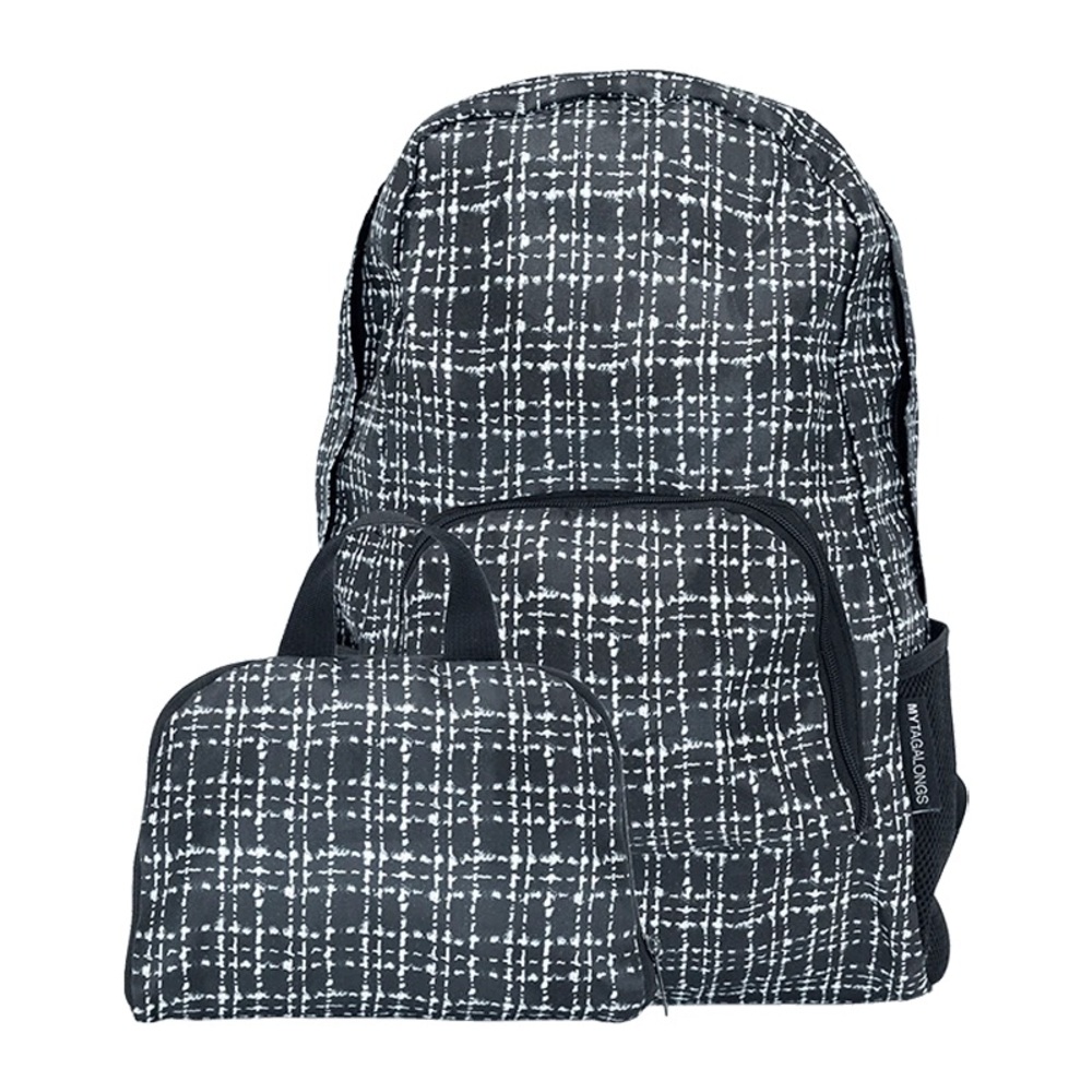 MyTagalong Foldable Folding Backpack in Tweed Black White Pattern
